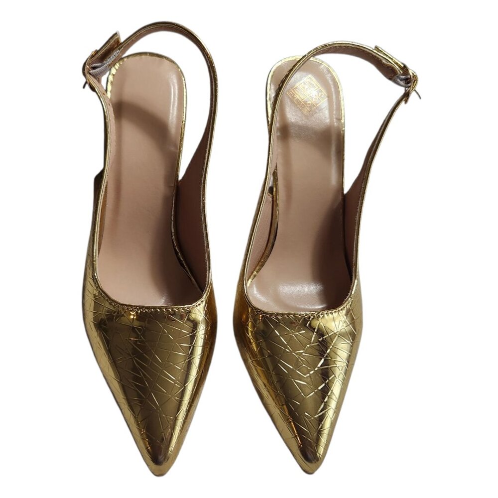 Gold pointed toe slingback heels